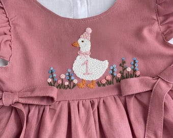 Hand Embroidered Silly Goose in Garden Dress, Custom Soft Linen Dress, Toddler Girl Birthday Outfit, 1st Birthday Dress, Custom Kid Clothing