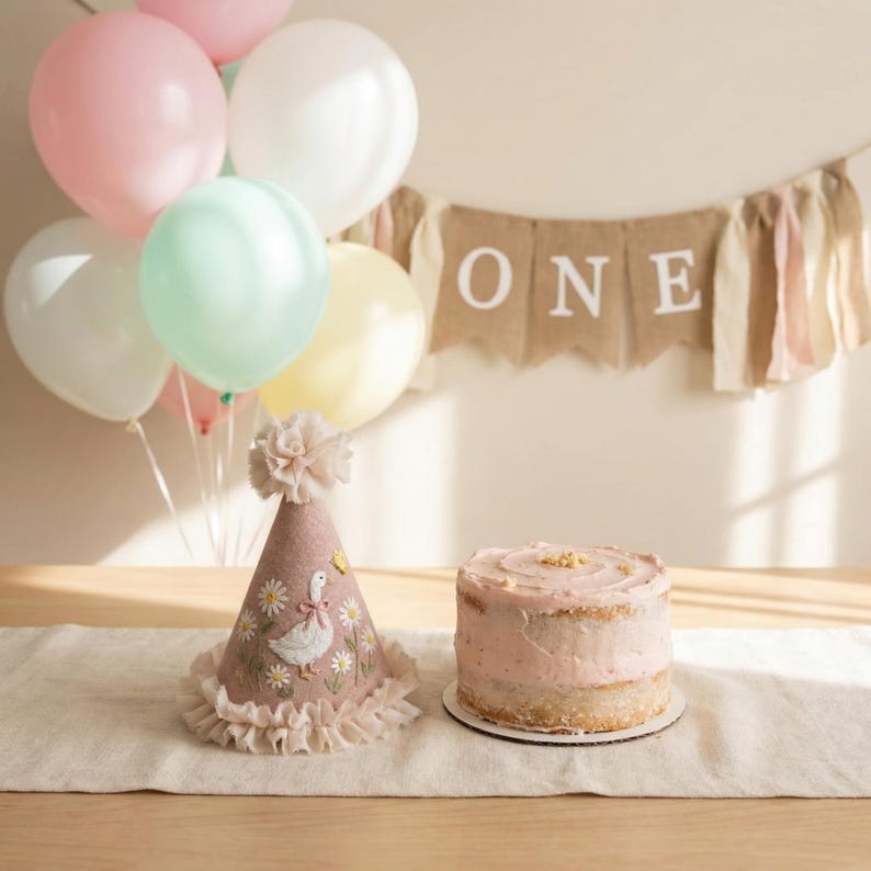 May include: A dusty rose party hat with a ruffled base and top, featuring embroidered white daisies and a central white goose. Beside it sits a round, light pink frosted cake. In the background, pastel balloons and a hessian banner reading ONE.