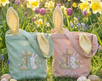 Personalized Christian Easter Basket, Cute Easter Egg Hunting Linen Basket, Hand Embroidered Bunny Ears Basket, Baby Jesus Easter Day Basket