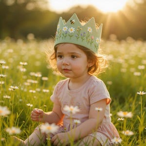 Personalized Bee& Daisy Garden Hand Embroidered Birthday Party Crown, Custom Name Floral Linen Crown for Birthday, Handmade Birthday Crown