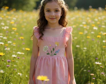 Cute Wildflower Garden Hand Embroidered Dress for Girls, Custom 1st Birthday Soft Linen Dress, Toddler Linen Dress, Kids Clothing