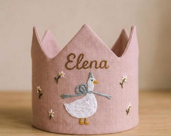 Personalized Silly Goose Birthday with Daisy Hand Embroidered Birthday Party Crown, Custom Linen Crown for Birthday, Handmade Birthday Crown
