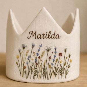 Wildflower Garden with Bees Hand Embroidered Birthday Party Crown, Personalized Floral Linen Crown, Custom Name Handmade Birthday Crown