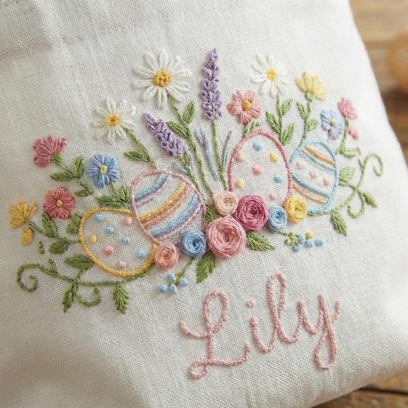 May include: Embroidered linen Easter-themed design featuring colorful eggs, flowers, and the name "Lily" in pink thread. The design includes daisies, lavender, and roses, creating a spring-like aesthetic. The embroidery is on a white linen background.