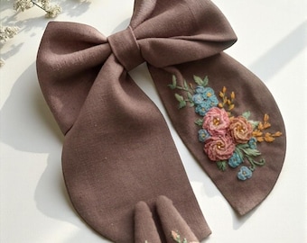 Custom Flowers Hand Embroidered Linen Hair Bow, Girl School Bow Tie, Handmade Linen Hair Bow, Fabric Hair Bow, School Accessories Gift