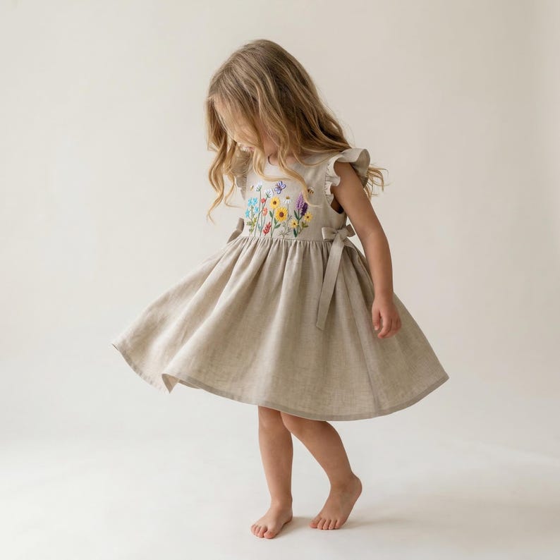 Butterfly & Bee in Wildflower Garden Hand Embroidered Dress for Girls, 1st Birthday Soft Linen Dress, Toddler Linen Dress, Kids Clothing image 4