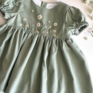 Custom Wildflower Garden Hand Embroidered Dress for Girls, Toddler Linen Dress, Personalized 1st Birthday Soft Linen Dress, Kids Clothing