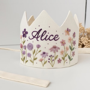 Personalized Wildflowers Birthday Party Crown, Hand Embroidered Linen Crown for Birthdays, Gifts for Birthday, Custom Handmade Baby Crown