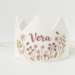 Personalized Wildflower Garden with Bees Birthday Party Crown, Hand Embroidered Linen Crown for Birthdays, Custom Name Handmade Baby Crown