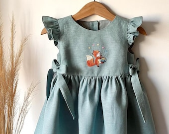 Funny Fox Linen Dress for Girls, Custom 1st Birthday Soft Linen Dress, Hand Embroidered Toddler Linen Dress, Baby Summer Linen Dress