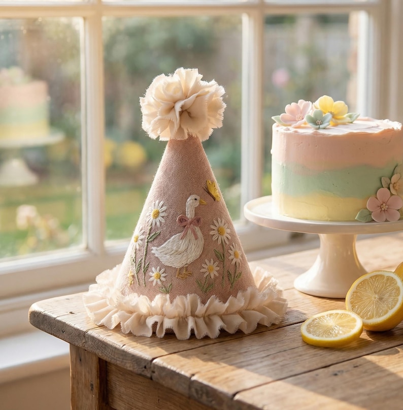 May include: A conical party hat in a dusty pink fabric featuring embroidered white daisies, a small yellow butterfly, and a white goose with a pink bow. The hat is topped with a fabric pom-pom and finished with a ruffled trim at the base.
