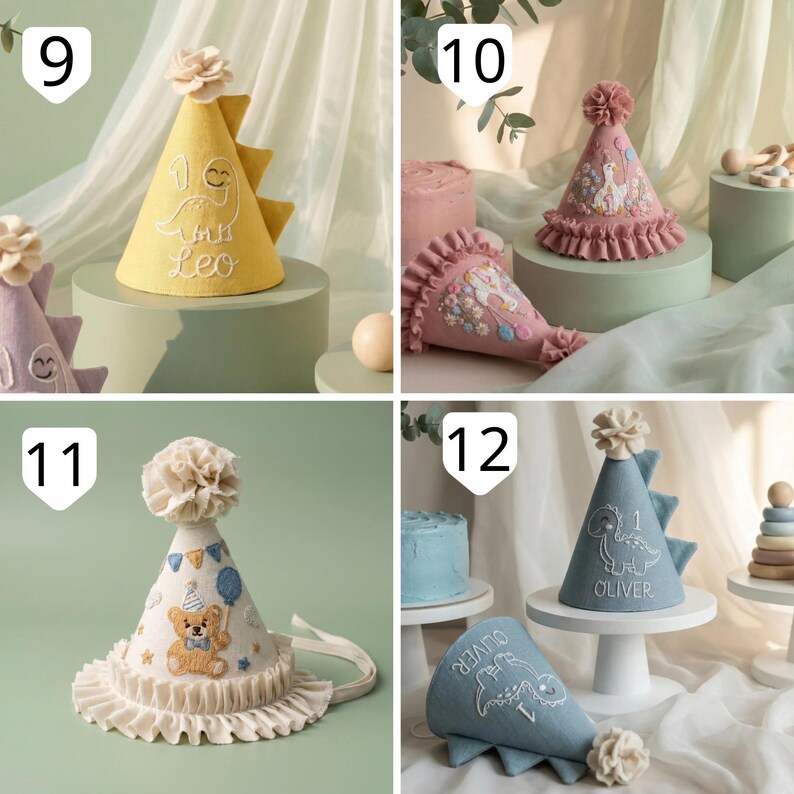 Puede incluir: Una colecci&oacute;n de cuatro gorros de fiesta c&oacute;nicos con bordados. El n&uacute;mero 9 es amarillo con un dinosaurio y el nombre Leo. El 10 es rosa empolvado con flores bordadas. El 11 es crema con un osito de peluche. El 12 es azul con un dinosaurio y Oliver.