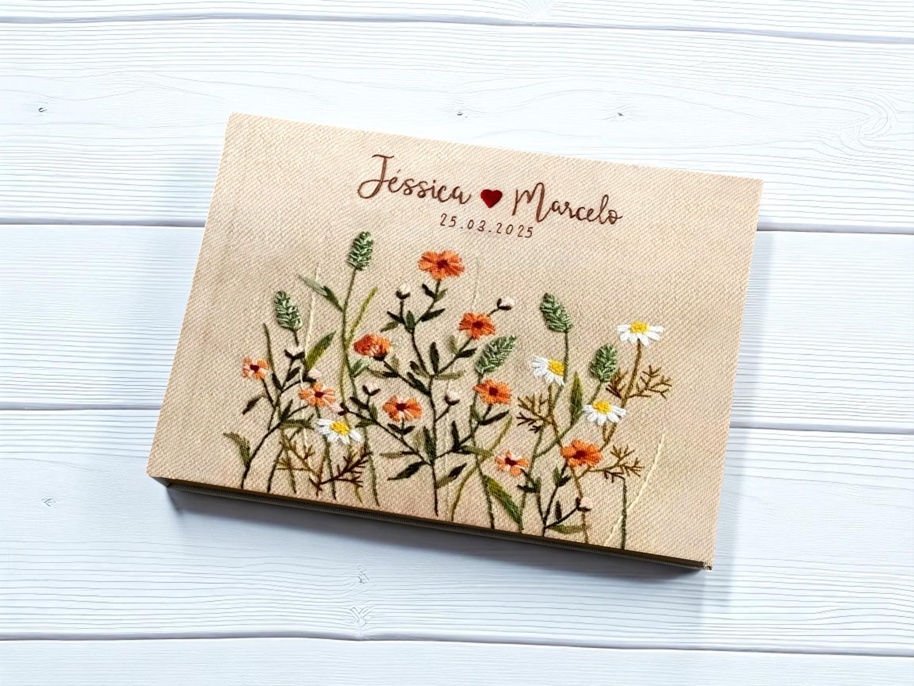 Personalized Wildflower Garden Wedding Guest Book, Floral Hand Embroidered Linen Guestbook, Custom Name Memory Scrapbook, Wedding Keepsake