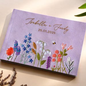 Custom Flowers Embroidery Wedding Guest Book, Personalized Floral Guestbook, Linen Memory Book, Wedding Engagement Book, Hard Cover Notebook