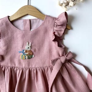 Cute Rabbit with Gift Box Dress for Girls, Custom 1st Birthday Soft Linen Dress, Embroidered Toddler Linen Dress, Kid Clothing
