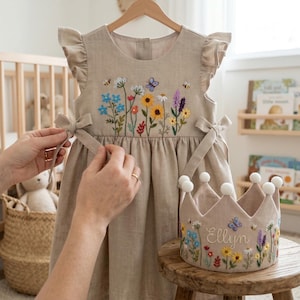 Butterfly & Bee in Wildflower Garden Hand Embroidered Dress for Girls, 1st Birthday Soft Linen Dress, Toddler Linen Dress, Kids Clothing image 7