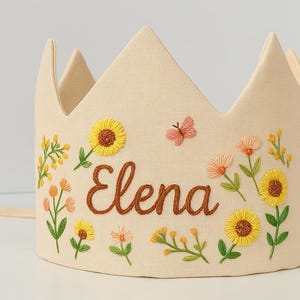 Personalized Sunflowers Birthday Party Crown, Hand Embroidered Linen Crown for Birthdays, Gifts for Birthday, Custom Handmade Baby Crown