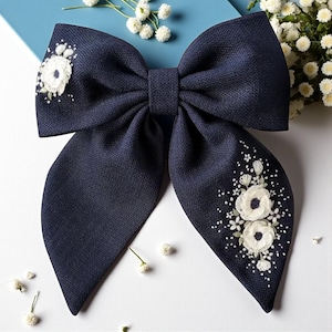 Vintage White Roses Hand Embroidered Hair Bow Clip, Floral Hair Bow Tie, Handmade Linen Hair Bow, Fabric Hair Bow, Hair Accessories Gift