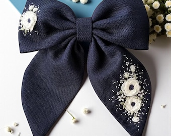 Vintage White Roses Hand Embroidered Hair Bow Clip, Floral Hair Bow Tie, Handmade Linen Hair Bow, Fabric Hair Bow, Hair Accessories Gift