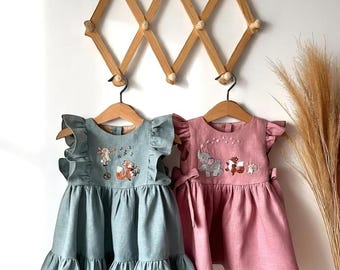 Zoo Animals Linen Dress for Girls, Custom 1st Birthday Soft Linen Dress, Hand Embroidered Toddler Linen Dress, Baby Summer Linen Dress