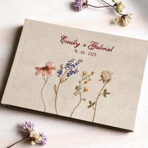 Personalized Flowers Linen Wedding Guest Book, Custom Hand Embroidered Floral Memory Book, Landscape Notebook, Hardbound Scrapbook