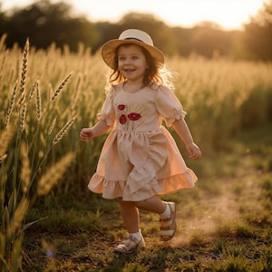 Red Poppy Garden Hand Embroidered Dress for Girls, Custom 1st Birthday Soft Linen Dress, Toddler Linen Dress, Kids Clothing, Girl Dresses