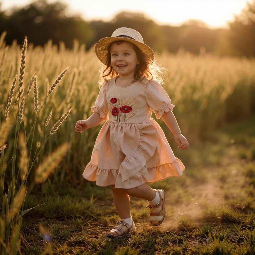 Red Poppy Garden Hand Embroidered Dress for Girls, Custom 1st Birthday Soft Linen Dress, Toddler Linen Dress, Kids Clothing, Girl Dresses