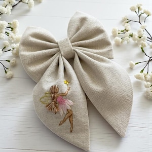Fairy Star Embroidered Linen Hair Bow, Girl School Bow Tie, Linen Hair Bow Clip, Fabric Hair Bow, School Accessories Gift
