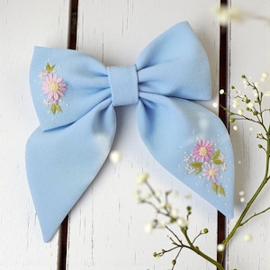 Vintage Pink Flower Hand Embroidered Hair Bow Clip, Floral Hair Bow Tie, Handmade Linen Hair Bow, Fabric Hair Bow, Hair Accessories Gift