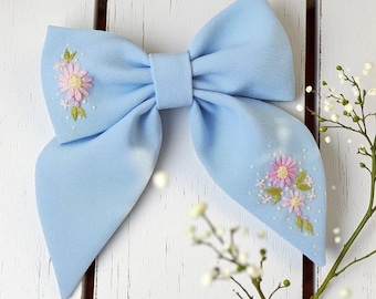 Pinza para el cabello vintage con lazo rosa bordado a mano, lazo floral para el cabello, lazo de lino hecho a mano, lazo de tela para el cabello, regalo de accesorios para el cabello