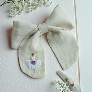 Ballerina Hand Embroidered Linen Hair Bow, Girl School Bow Tie, Ballet Dancer Linen Hair Bow, Fabric Hair Bow, School Accessories Gift