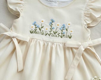 Embroidered Dress for Kids, Wildflower Garden Hand Embroidered Dress for Girls, Custom 1st Birthday Soft Linen Dress, Toddler Linen Dress