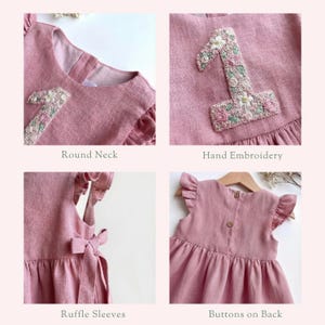 Personalized 2nd Birthday Soft Linen Dress, Hand Linen Birthday Dress for Girls, Flowers Ruffle Sleeve Dress for Girls, Birthday Outfit image 3