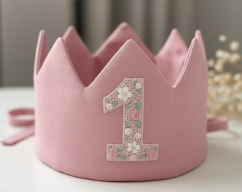 Personalized 1st Birthday Party Crown, Custom Hand Embroidered Birthday Wildflower Linen Crown for Birthday, Boho 1st Birthday, 2st Birthday