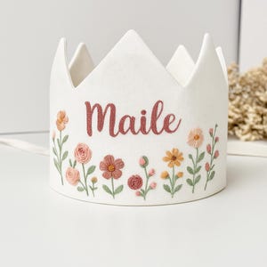 Personalized Wildflower Hand Embroidered Birthday Party Crown, Flowers Linen Crown for Birthdays, Custom Name Handmade Baby Crown