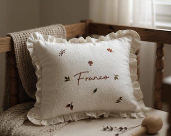 Personalized Baby Name Pillowcase with Ruffles, Fall Vibes Embroidery Linen Pillowcase, Handmade Cushion Cover, Newborn Bedding Decor