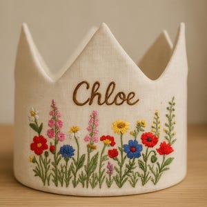 Custom Name Wildflower Garden Hand Embroidered Birthday Party Crown, Personalized Floral Linen Crown for Birthday, Handmade Birthday Crown