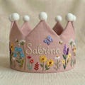 Custom Butterfly & Bee in Wildflower Garden Hand Embroidered Birthday Party Crown, Personalized Floral Linen Crown, Handmade Birthday Crown product logo