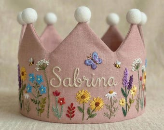 Custom Butterfly & Bee in Wildflower Garden Hand Embroidered Birthday Party Crown, Personalized Floral Linen Crown, Handmade Birthday Crown