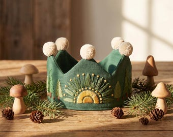 Custom Hand-Embroidered Linen Forest Birthday Crown, Woodland Baby Party Hat Keepsake, Boho Crown, Birthday Prop, 1st Birthday Keepsake Gift