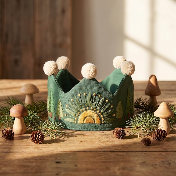Handbroderad linnekrona med skogsmotiv, partyhatt i skogsstil, bohemisk krona, födelsedagsrekvisita, present till 1-årsdagen
