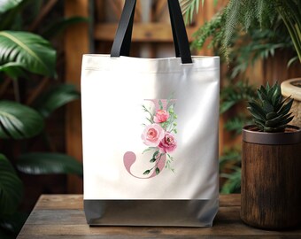 Floral Tote Bag Monogram Initial Market Bag Custom Tote Bag Personalized Eco Cotton Bag Best Friend Gifts for Daughter Mothers Day Women T3