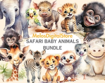 38 Watercolor Safari Baby Animals Watercolor Clipart, PNGs, Kids Illustration, Paper crafts, Instant download,commercial use,safari clipart