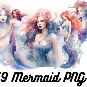 Mermaid Clipart Watercolor, 19 Mermaid Watercolor Clipart Mermaid Bundle PNG Under The Sea Mermaid Clip Art Commercial Use Digital Download