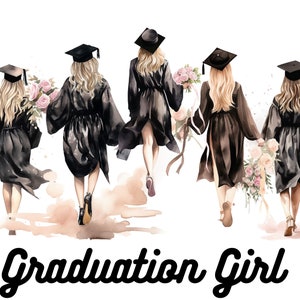 May include: A watercolour illustration depicting five graduates in black gowns and mortarboards, holding bouquets of pink and white flowers. The text "Graduation Girl" is written in a black script font.