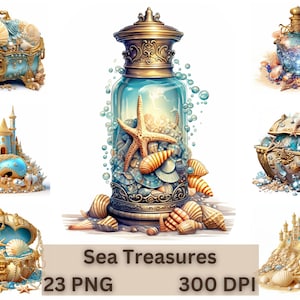 May include: A collection of digital art featuring sea treasures. The images include ornate treasure chests, a sandcastle, and a decorative bottle filled with seashells and a starfish. The color palette includes gold, blue, and beige.