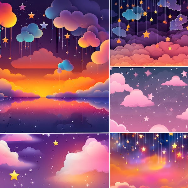 Clouds and Stars Sleepy mood, Perfect for kids room, pillows, paintings, gifts etc. Purple Skye illustration, high quality, square ratio