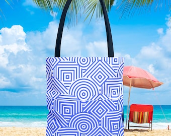 Blue Geometric Tote Bag: Stylish Polyester Shoulder Bag