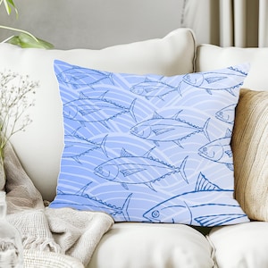 Blue Fish Throw Pillow: Nautical Ocean Sea Life Cushion