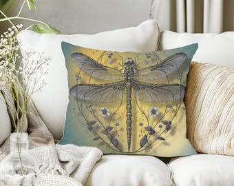 Vintage Dragonfly Square Pillow: Botanical Home Decor Accent Cushion